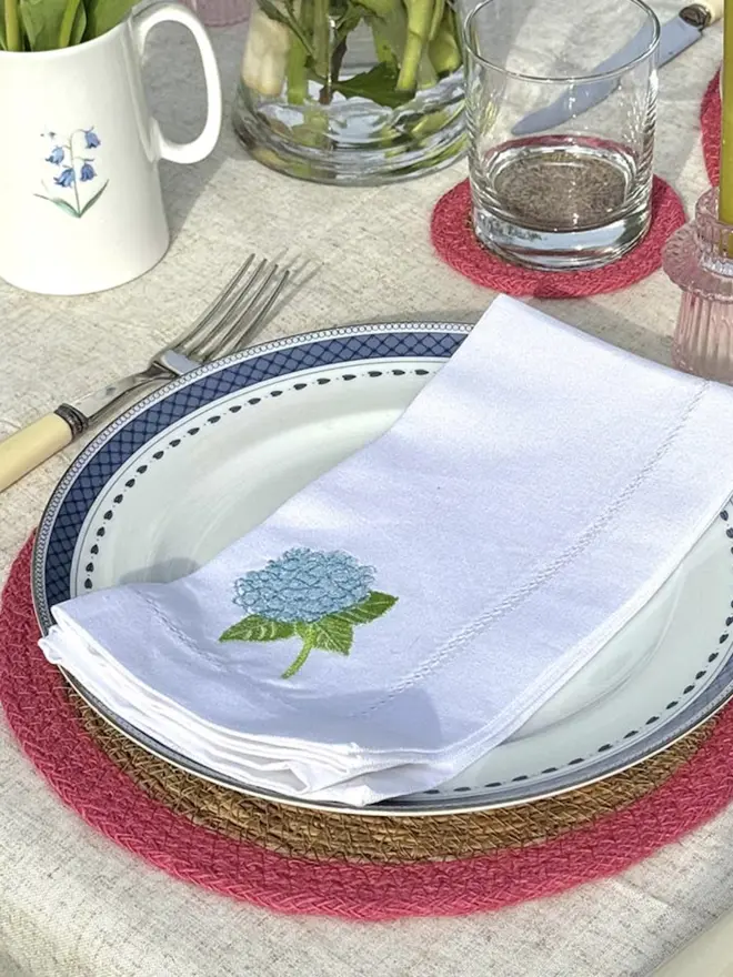 hydrangea embroidered napkin