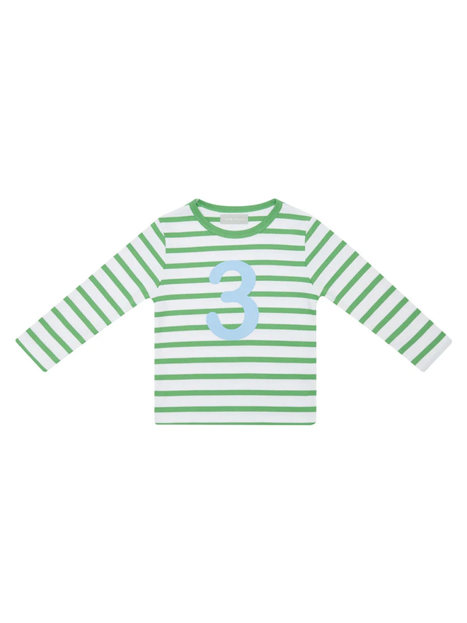 Grass Green & White Breton Striped Number 3 T Shirt