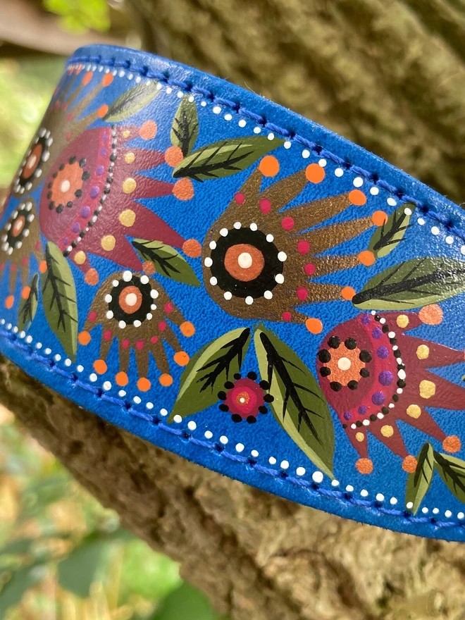 blue floral hand painted leather dog collar