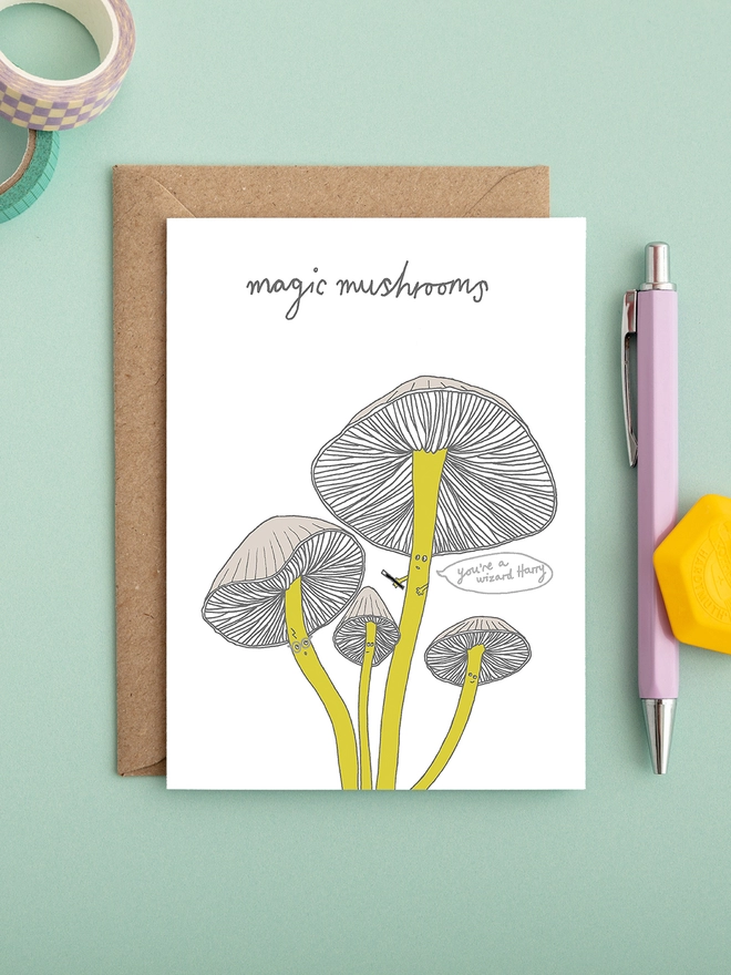 Funny and humorous greeting card featuring magic mushrooms  