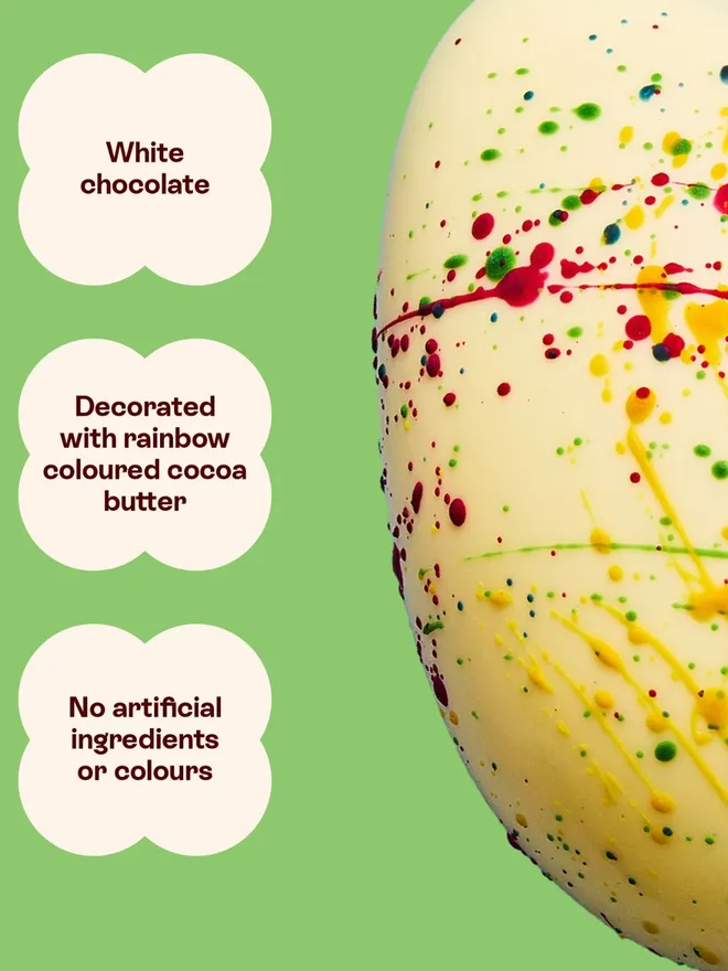A white chocolate Easter egg decorated with rainbow speckles