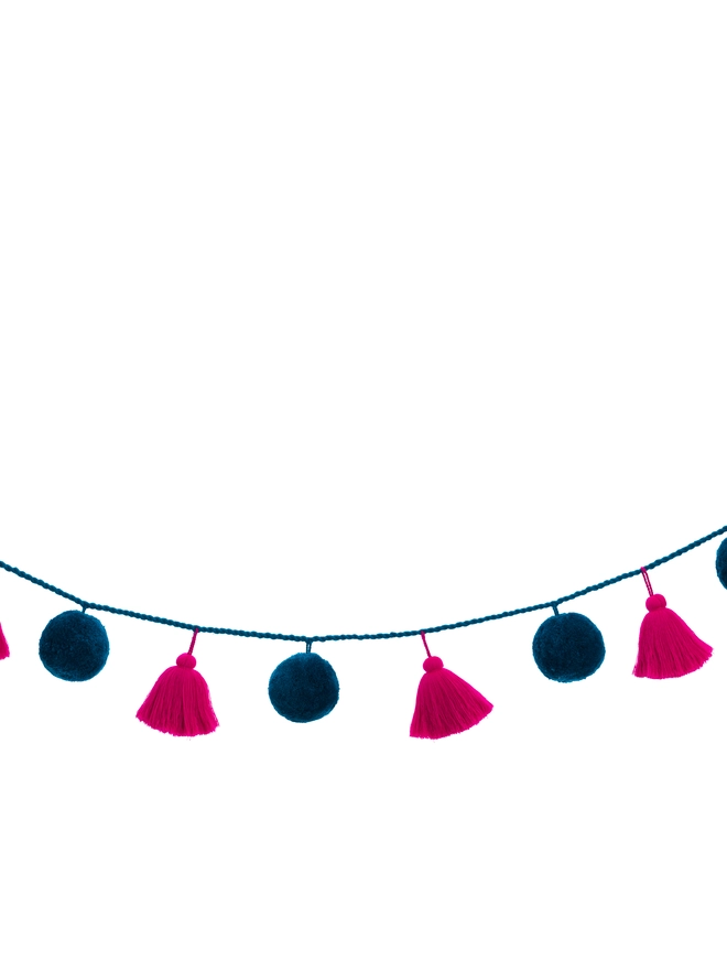 Christmas Jumbo Pom Pom and Tassel Yarn Garland Jewel Colours hand made
