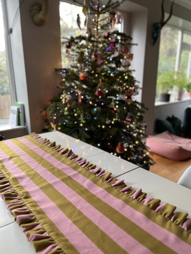 pink and olive stripe ruffled table runner 