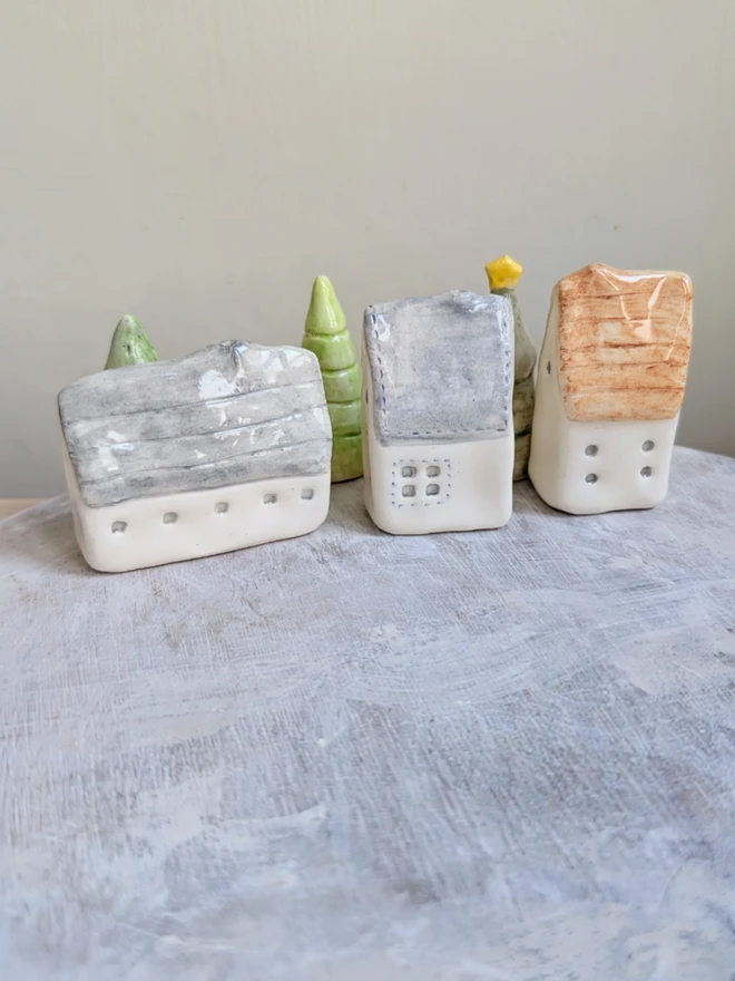 miniature ceramic house and tree for ornament or christmas cake topper decoraton