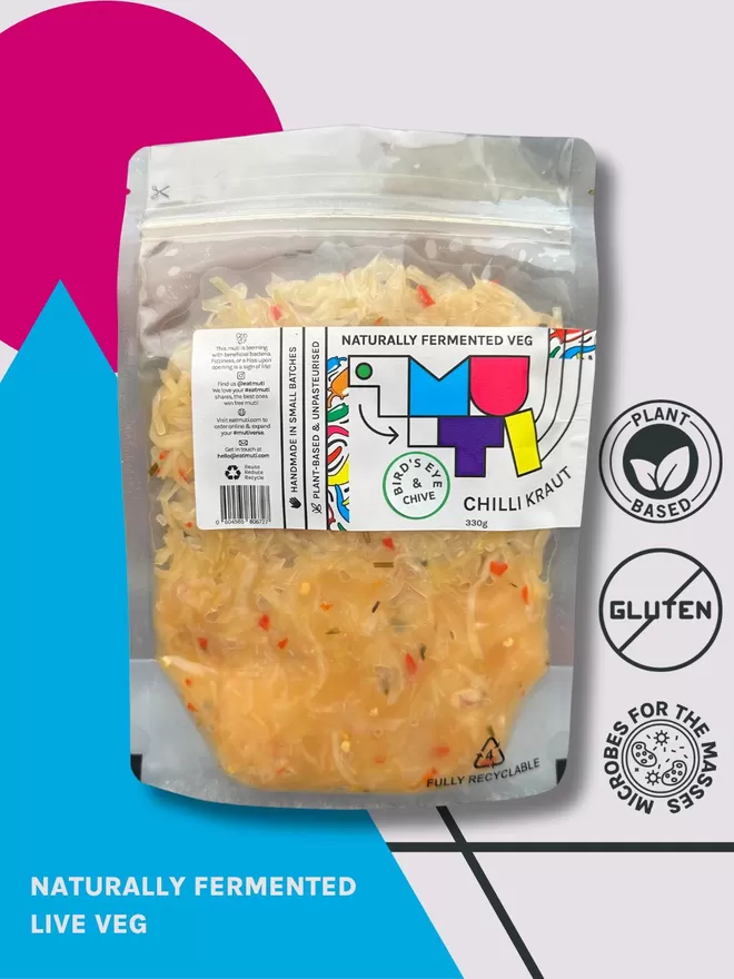 Pouch Of Muti Chilli Kraut On A Colourful Geometric Pop Art Background.