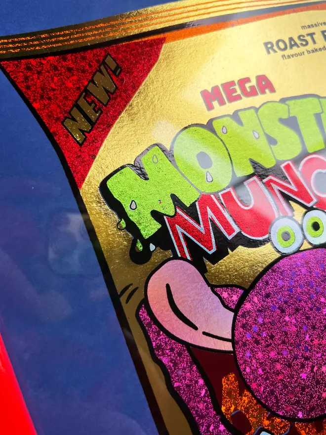Monster Munch Roast Beef Print, a colourful monster munch print sitting on a decorated backdrop. 