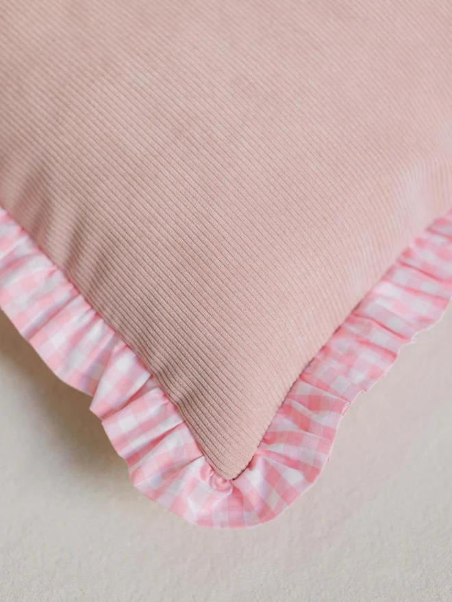 pink corduroy and gingham dog bed corner