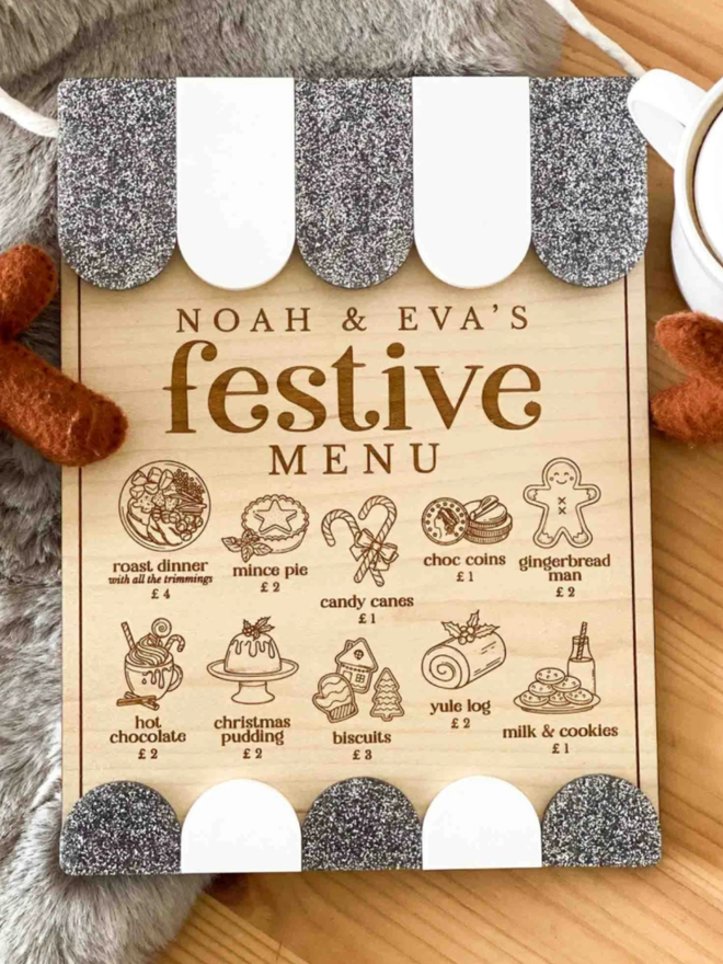 Personalised Wooden Christmas Play Menu. A Christmas menu in silver glitter.