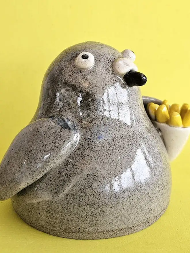Bryce The Pigeon With Chips Ceramic Sculpture