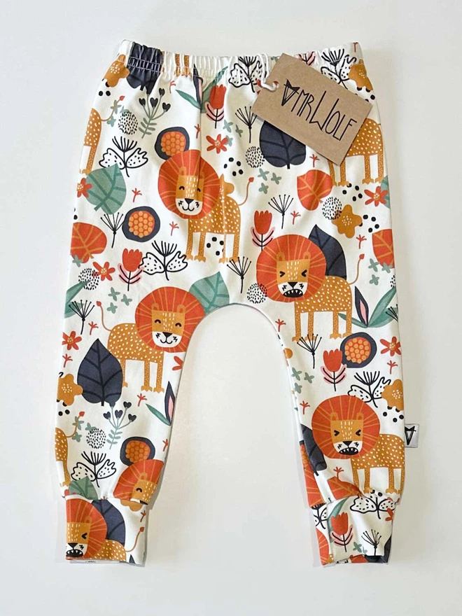 baby leggings, lion print, mustard lions, baby leggings, toddler leggings, fun kids leggings