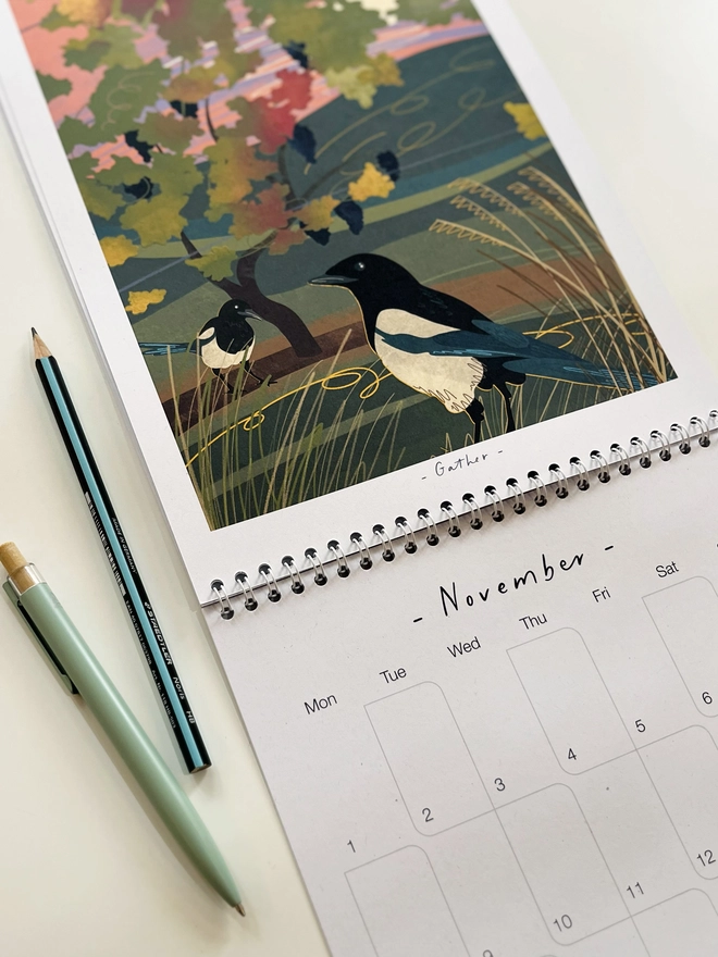Inside page of the 2027 Calendar, Wall Calendar, Illustrated Calendar, Double Page Calendar, A4 Calendar, Nature Calendar, Art Calendar, Whispers Collection, Nature Inspired, Mindful Living, Slow Living, Nature Lover Gift, Outdoor Lover Gift, Recycled Paper, Eco Friendly Gift, Sustainable Stationery, UK Made, Illustrated Stationery, Onneke Studio