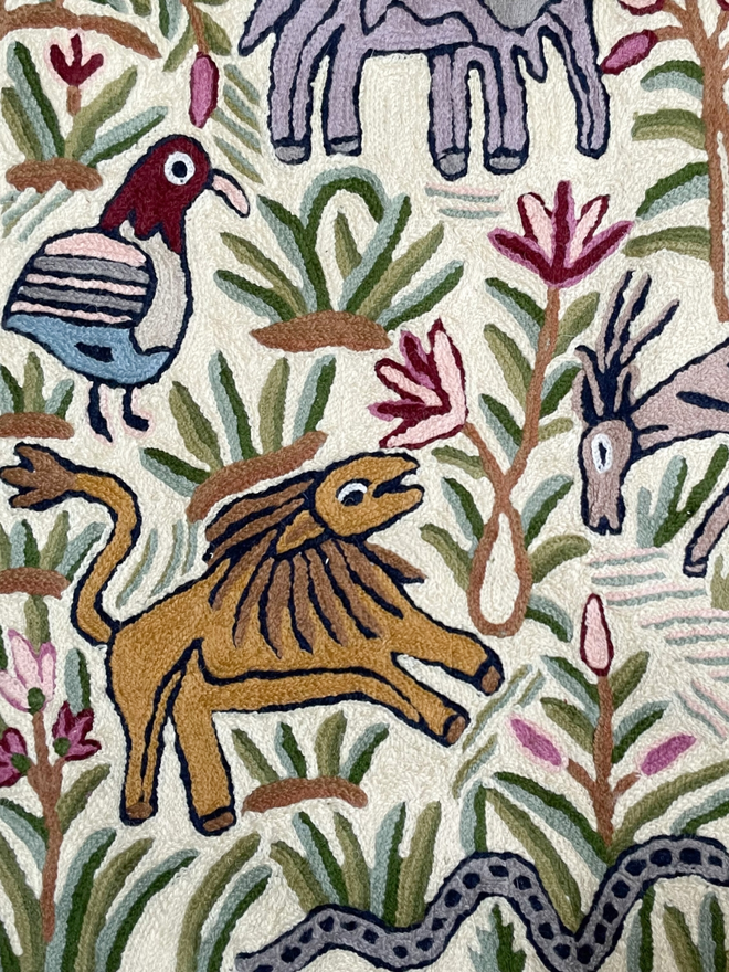 Moppet Hand-embroidered animal jungle safari children's wall hanging tapestry Kolahoi close up