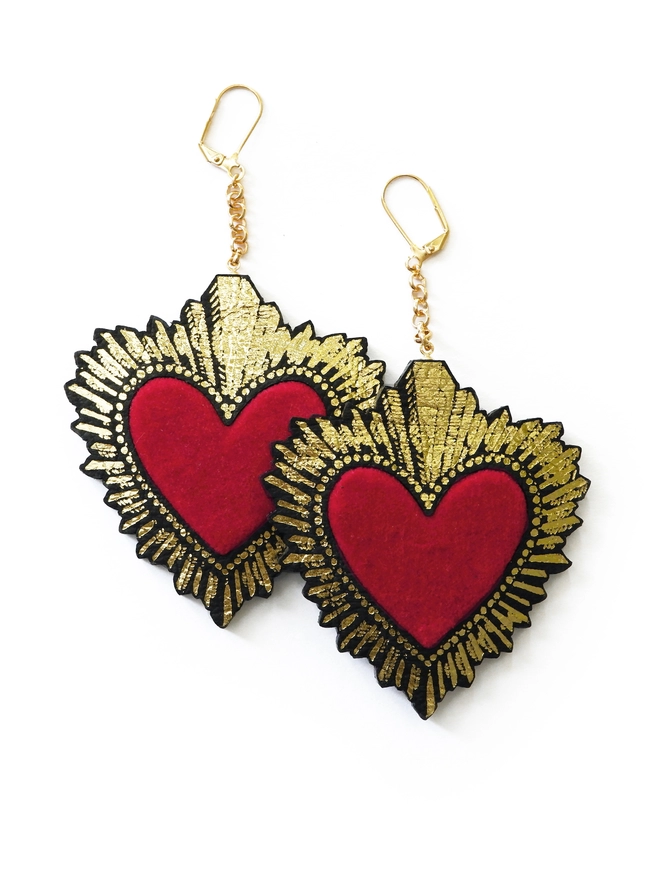large red, gold & black sacred heart earrings