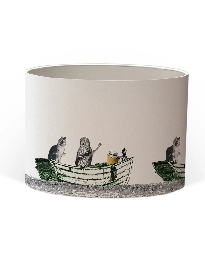 Drum Lampshade featuring the Owl and the Pussycat with a white inner on a white background