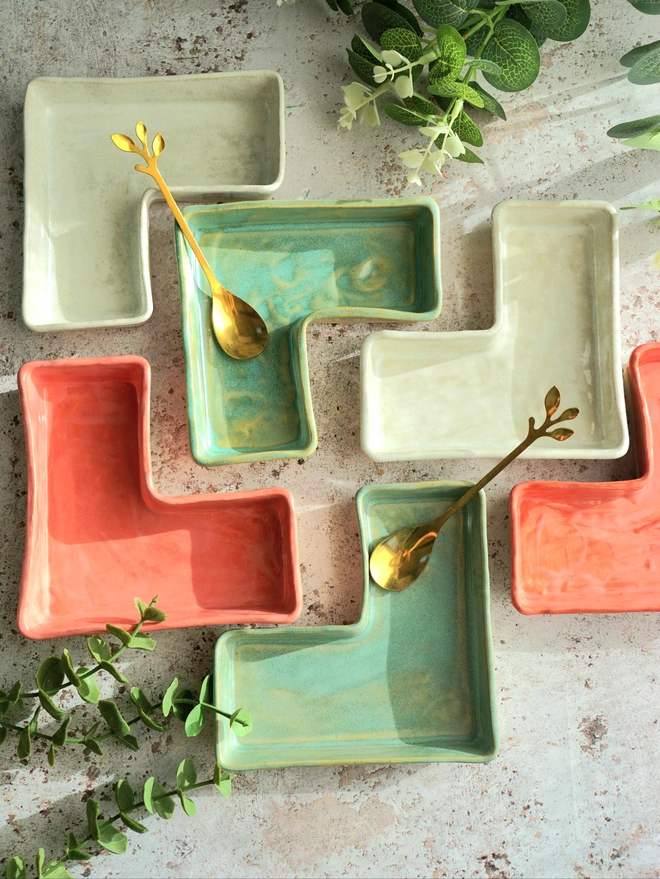 ceramic snack dish, ceramic tapas dish, ceramic dish set, small dish set pottery, Jenny Hopps Pottery, pink dish, green dish, white dish