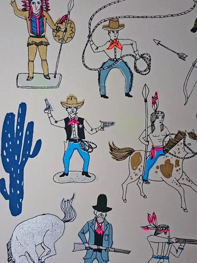 Cowboys Are Square, Indians Are Best Yee Hah!, a collection of colourful cowboy designs on a white screenprint. 