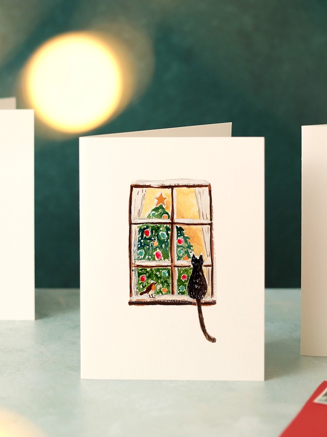 Winter Window Cat and Robin Mini Christmas Card