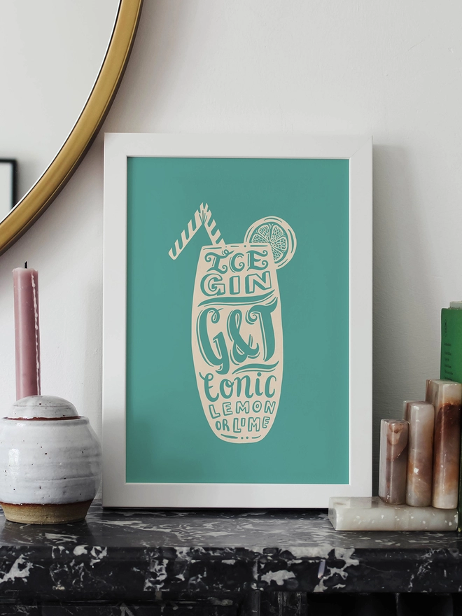 Gin & Tonic Cocktail framed print turquoise