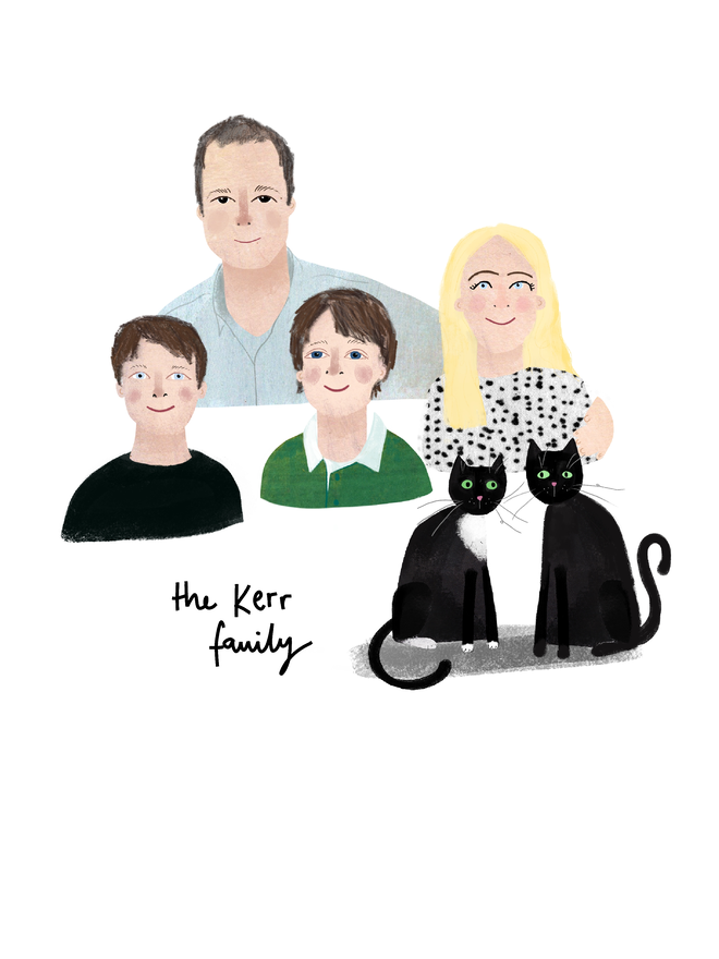 custom illustrated family portrait. portrait of parents, sons and two black cats.