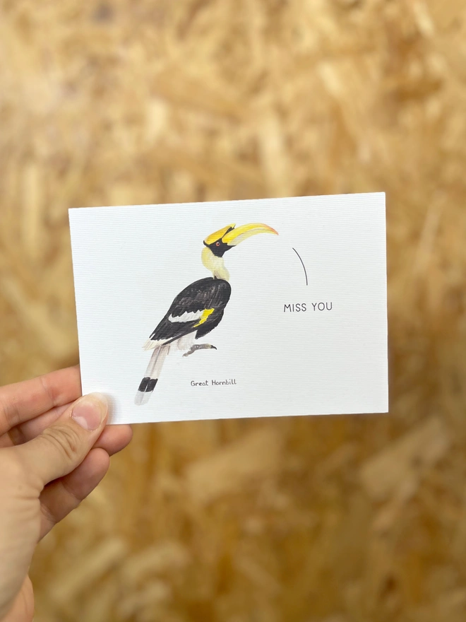 a greetings card featuring an illustration of a hornbill with the text “miss you”