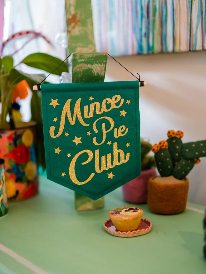 'Mince Pie Club' Christmas Glitter Wall Flag Decoration