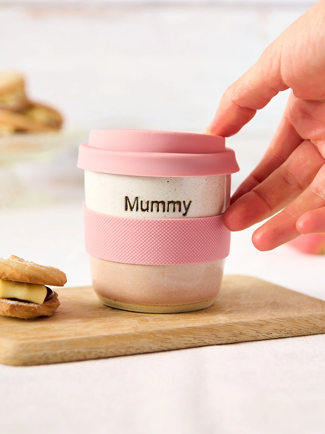 mummy personalised short ceramic pink travel mug