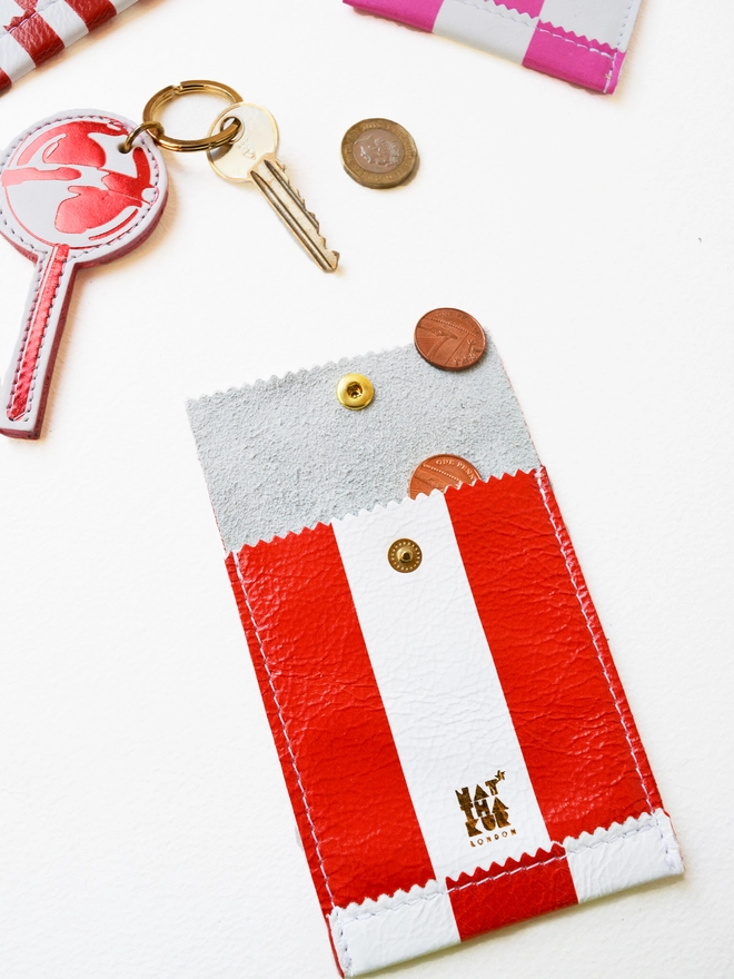 leather red and white striped coin pouch