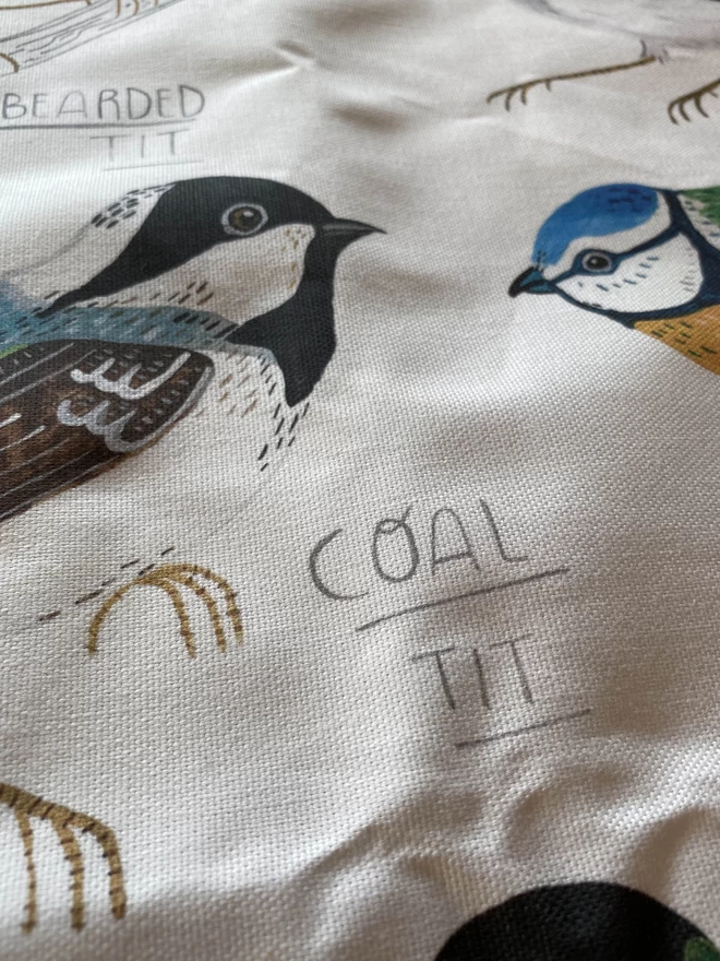 Detail of Illustrated Tea towel with seven varieties of Tit birds on a cotton tea towel  with text that reads - Collection of Tits