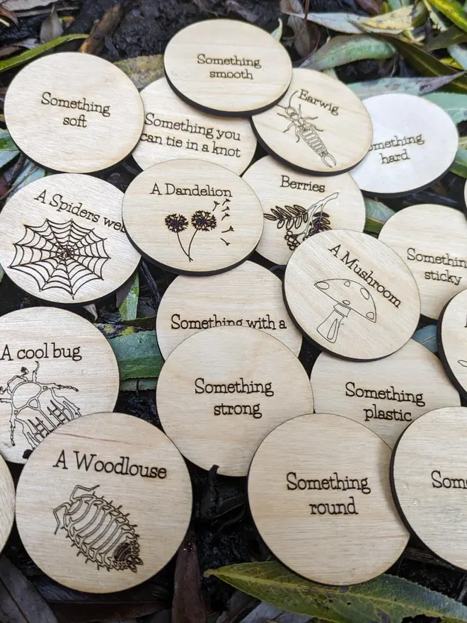 Wooden Nature Trail scavenger and mindfulness discs engraved with prompts and nature illustrations, scattered on leaves and forest floor.