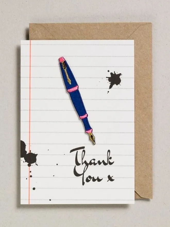 Thank you teacher card wirh a removable fountain pen iron on patch