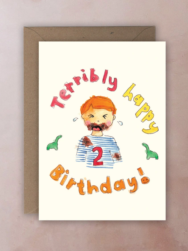 A watercolour of an upset toddler overwhelmed on his birthday