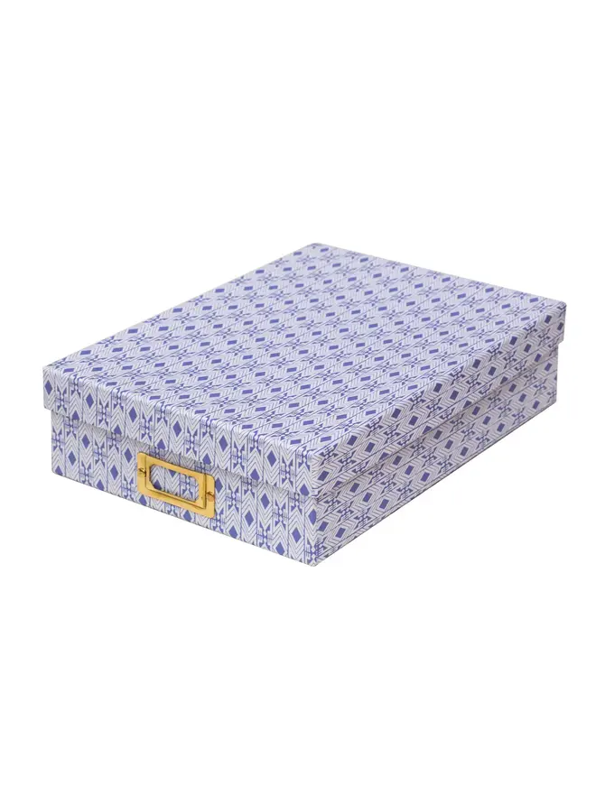 Tijan Lidded Portfolio Box, a colourful portfolio box sitting on a plain surface. 