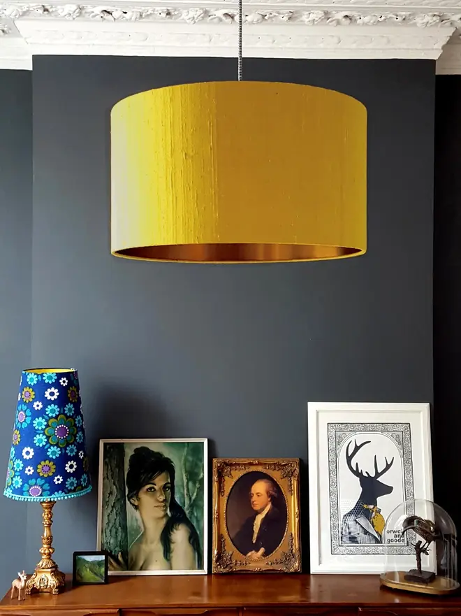 Mustard Yellow Silk Handmade Lampshade With Copper or Gold Foil Lining, 
