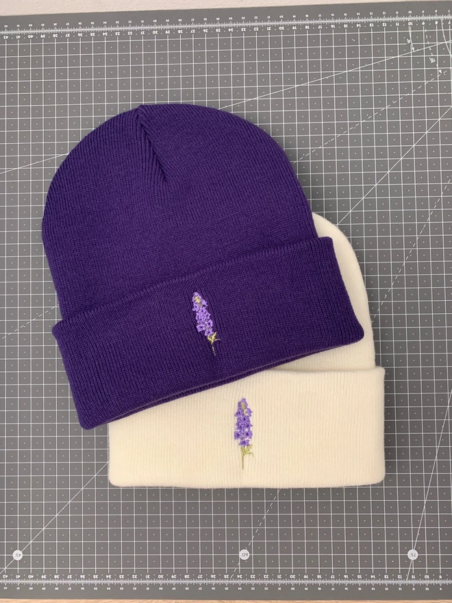 Embroidered Flower Beanie - Soft White & Purple