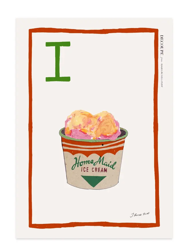 signed a-z alphabet prints. ice cream print with the letter 'i' in the corner.