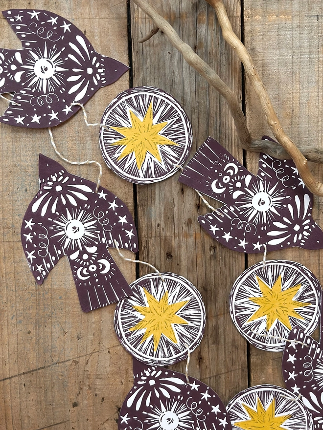 'Twinkle & Flight' Festive Nordic Folk Birds Linocut Garland