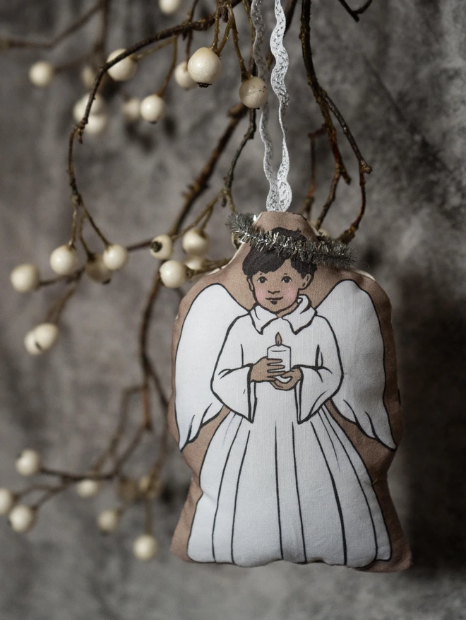 Asian brown skinned angel boy Christmas tree decoration hand sewn ribbon hanger small tinsel halo