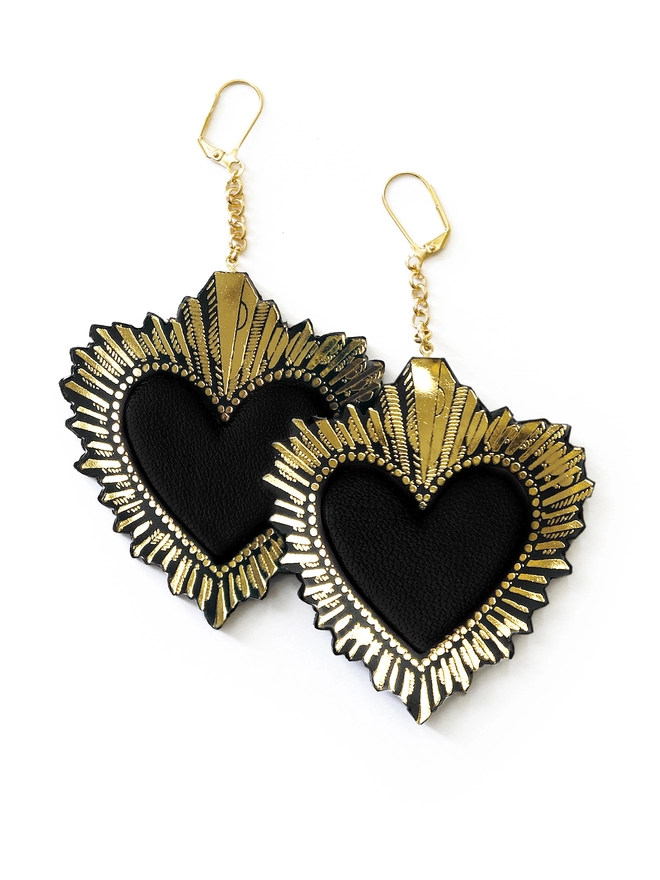 large gold & black leather sacred heart earrings