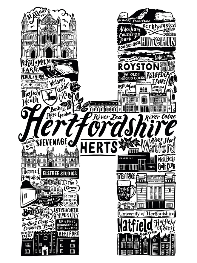 Hertfordshire Black and white print
