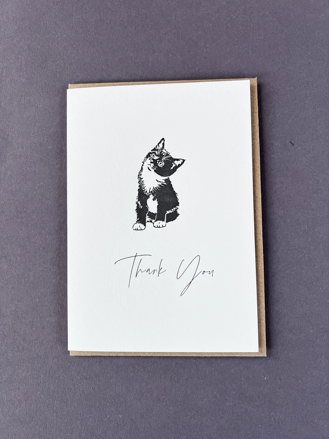 Our very cute Molly who is a black and white kitten sat looking up in the air with "Thank you" beautifully written underneath.