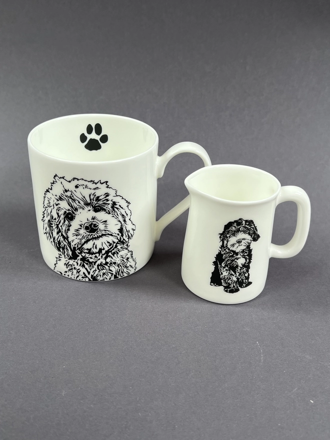 Image of the Cockapoo dishwasher and microwave safe mug and jug showing both outside and inside of them