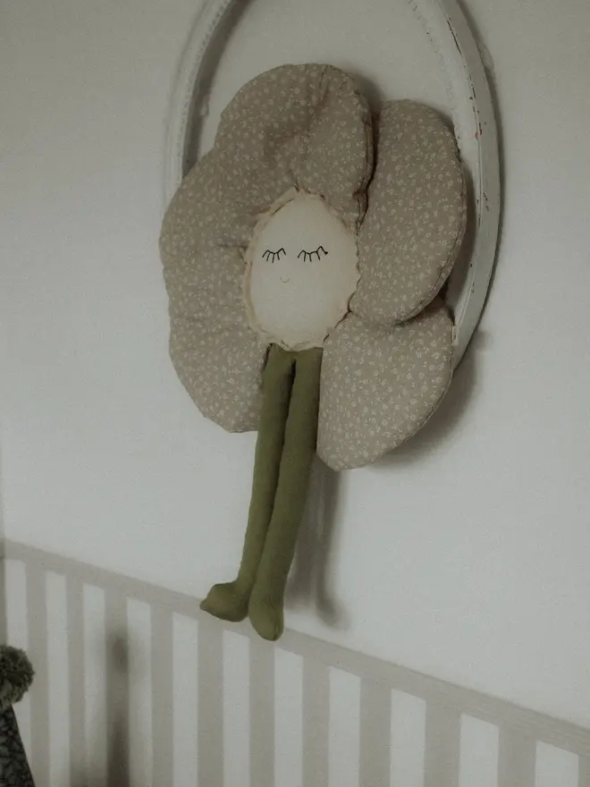 Beige Flower Pillow, Baby Girl Nursery Decor, Botanical Wall Hanging
