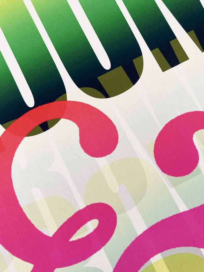 Detail from a multicoloured typographic print of “Bloom & Grow”