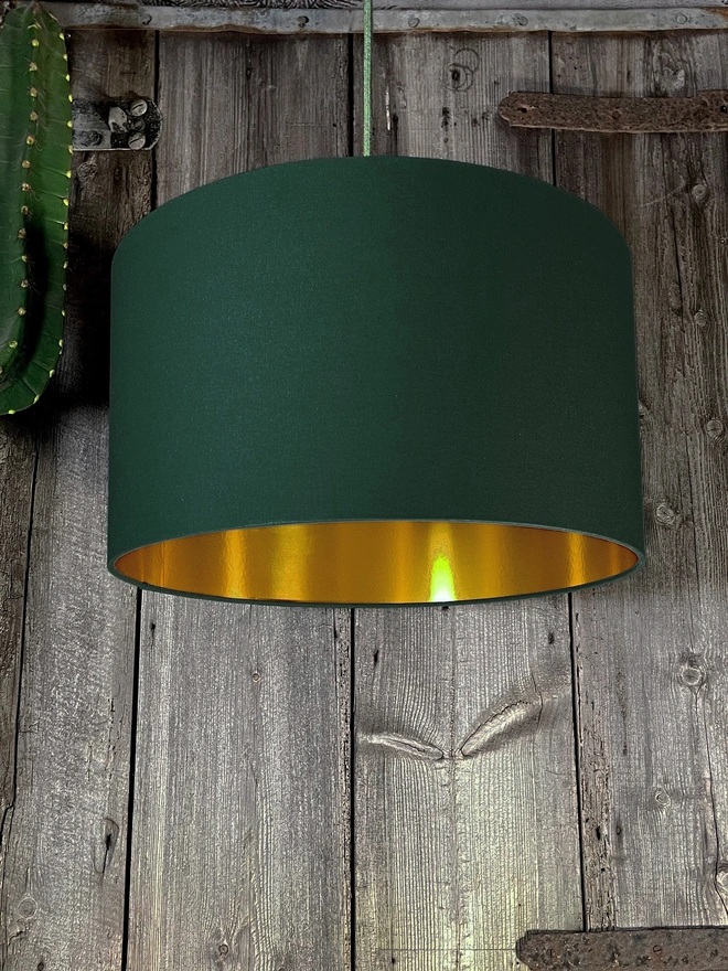 Hunter Green Cotton Drum Lampshade with Gold Lining