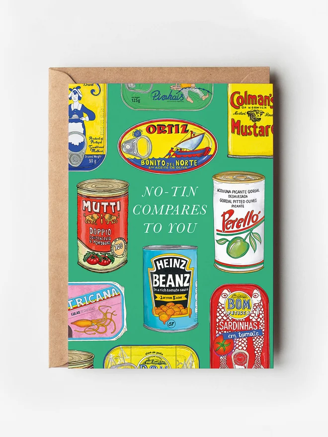 Vibrant food-inspired greeting card featuring a playful pattern of tinned food, including Heinz Baked Beans, tinned Sardines, Colman's Mustard Powder, and tinned tomatoes. 