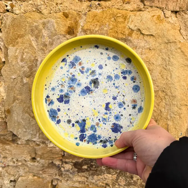Shoreline Pasta Bowl, a colourful bowl held against a brick backdrop. 