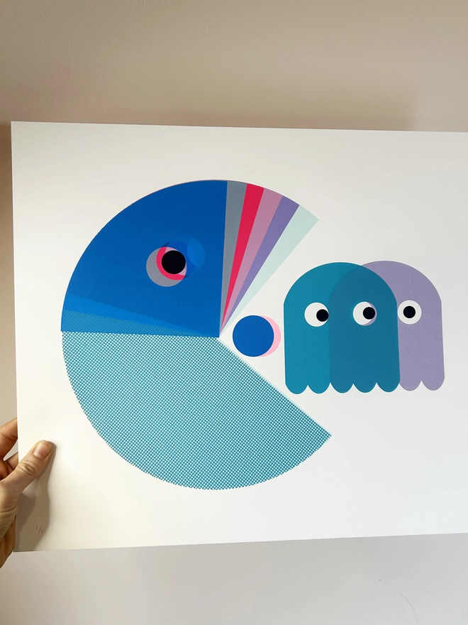 Retro Acrade Games Monster with Ghosts, Screen Print in Blues and Lilacs