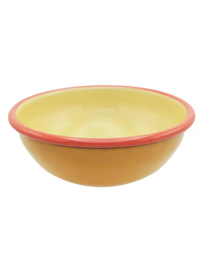 Mustard & Lemon Enamel Bowl, an enamel bowl sitting on a plain white surface. 