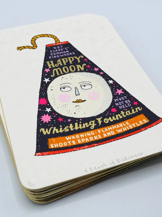 Sun And Moon Firework Screenprint Duo, a pair of colourful firework designs in the centre of white card. 