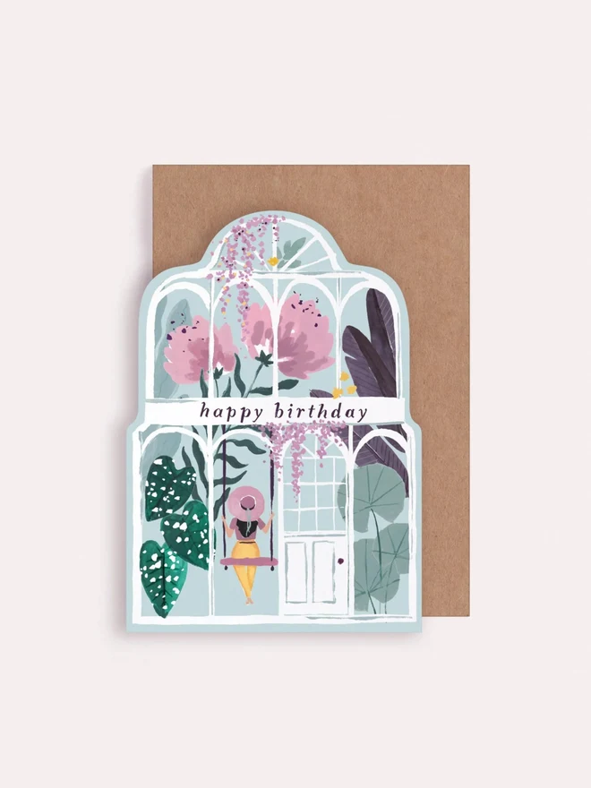 Greenhouse Birthday Card shown with its kraft envelope
